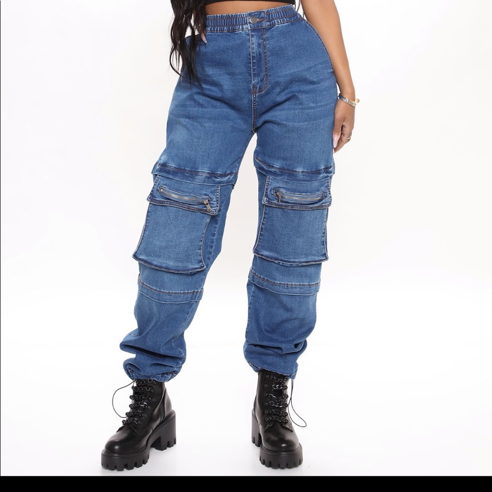 Womens Denim Cargo Pants High‎ Rise Zipper Pockets Distressed Blue Jeans